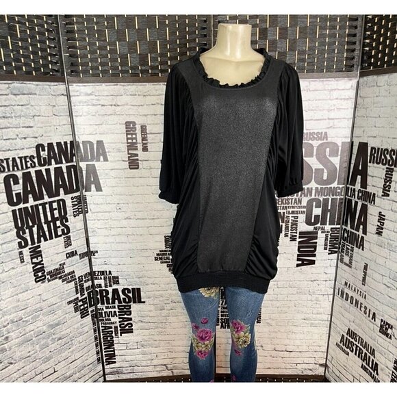 Lapis M Black Relaxed Fit Metallic Center Panel 3/4 Sleeve Shirred Hem Tunic Top - Picture 1 of 5